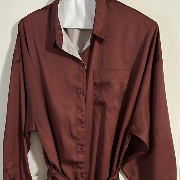 Express Brown Long-Sleeve Floral Shirt Dress with Pink Accents - Picture 3 of 11